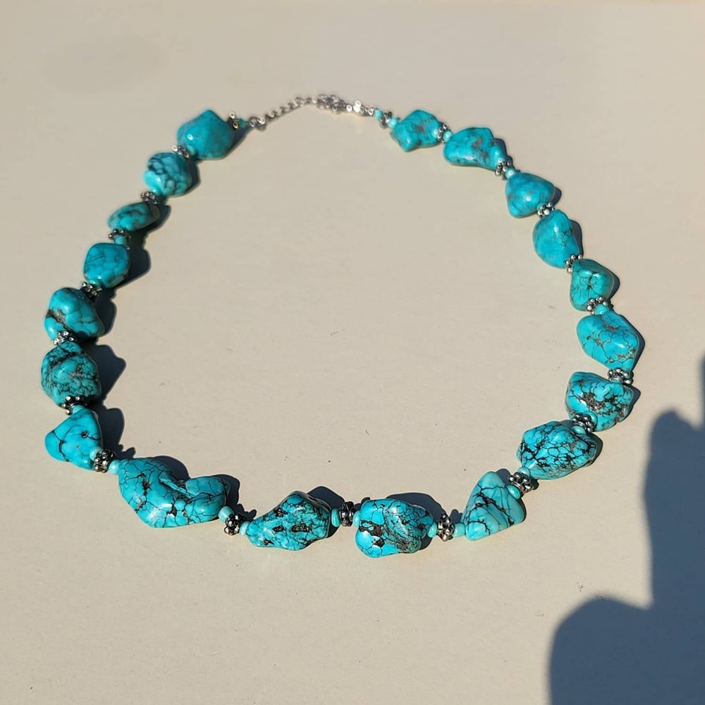 Vintage Turquoise Silver Nugget Necklace Blue Chunky Statement Bead